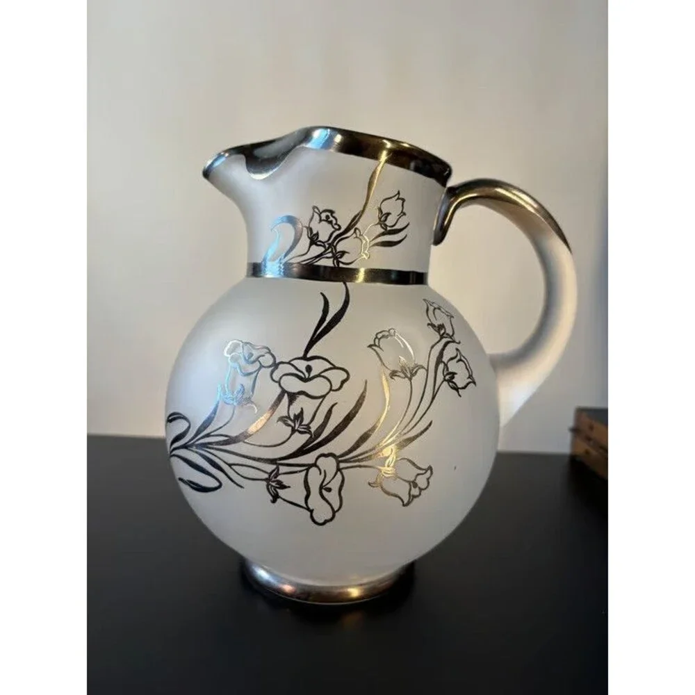 Frosted White Glass Pitcher Silver Overlay Floral Vintage